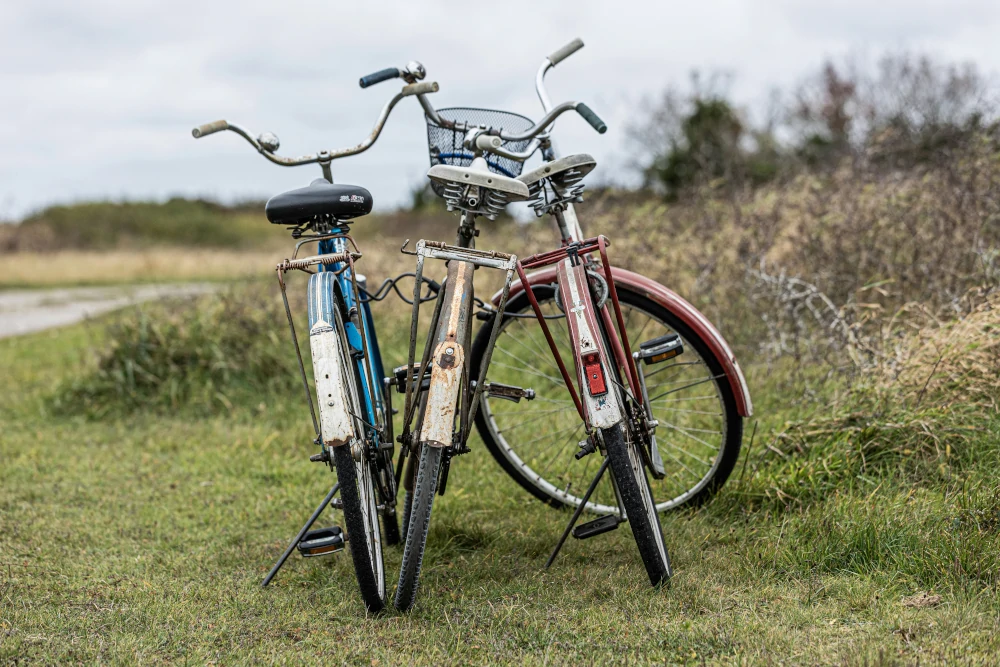 Tres bicicletas de paseo aparcadas en un lado de la carretera cerca de una casa rural